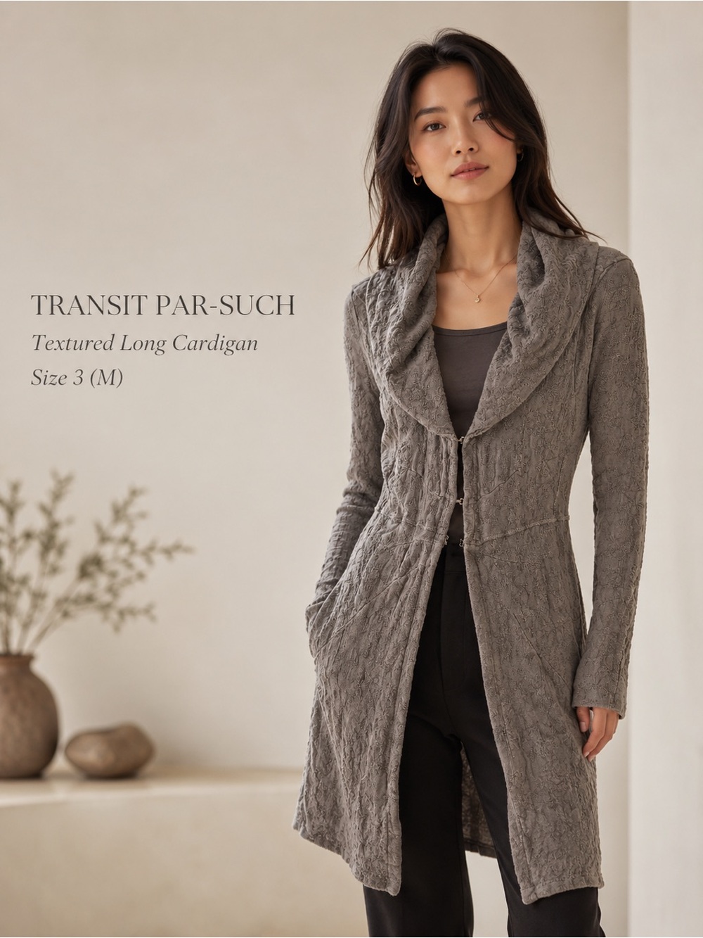 Transit Par-Such Linen Blend Textured Long Cardigan Jacket Taupe Size 3 M